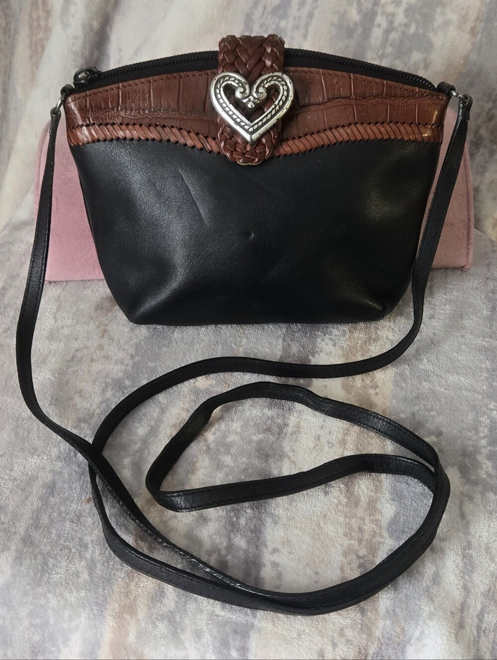 Brighton Black and Brown Crossbody with Heart Emblem
